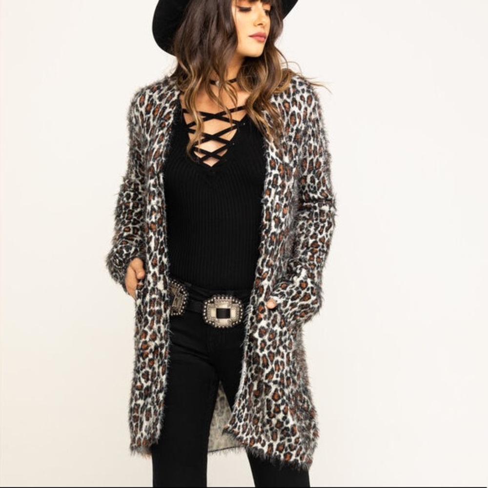 show me your mumu fuzzy cheetah print cardigan
